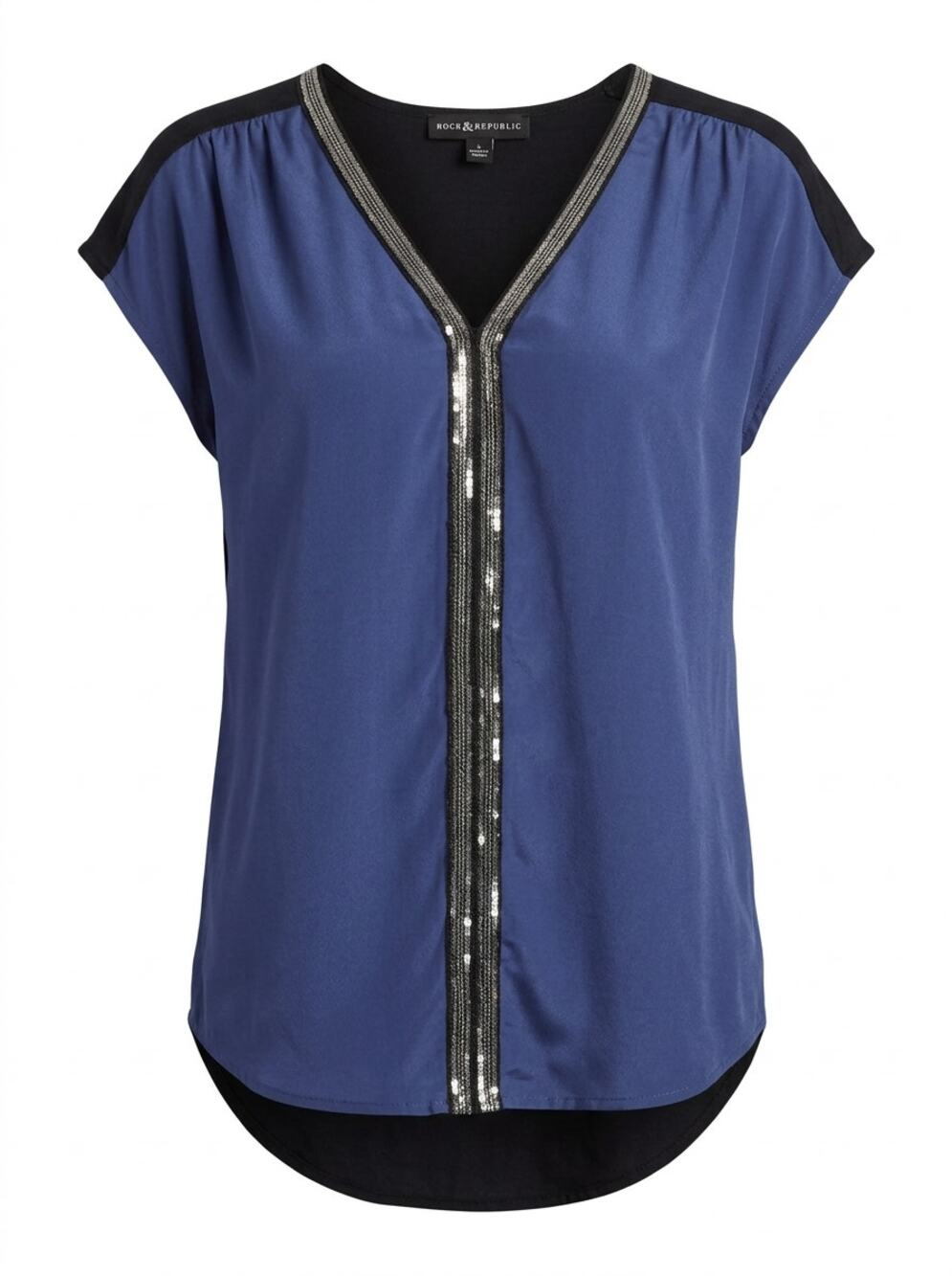 Rock & Republic Blue Sequin V-Neck Colorblock Blouse Top Women Size XS